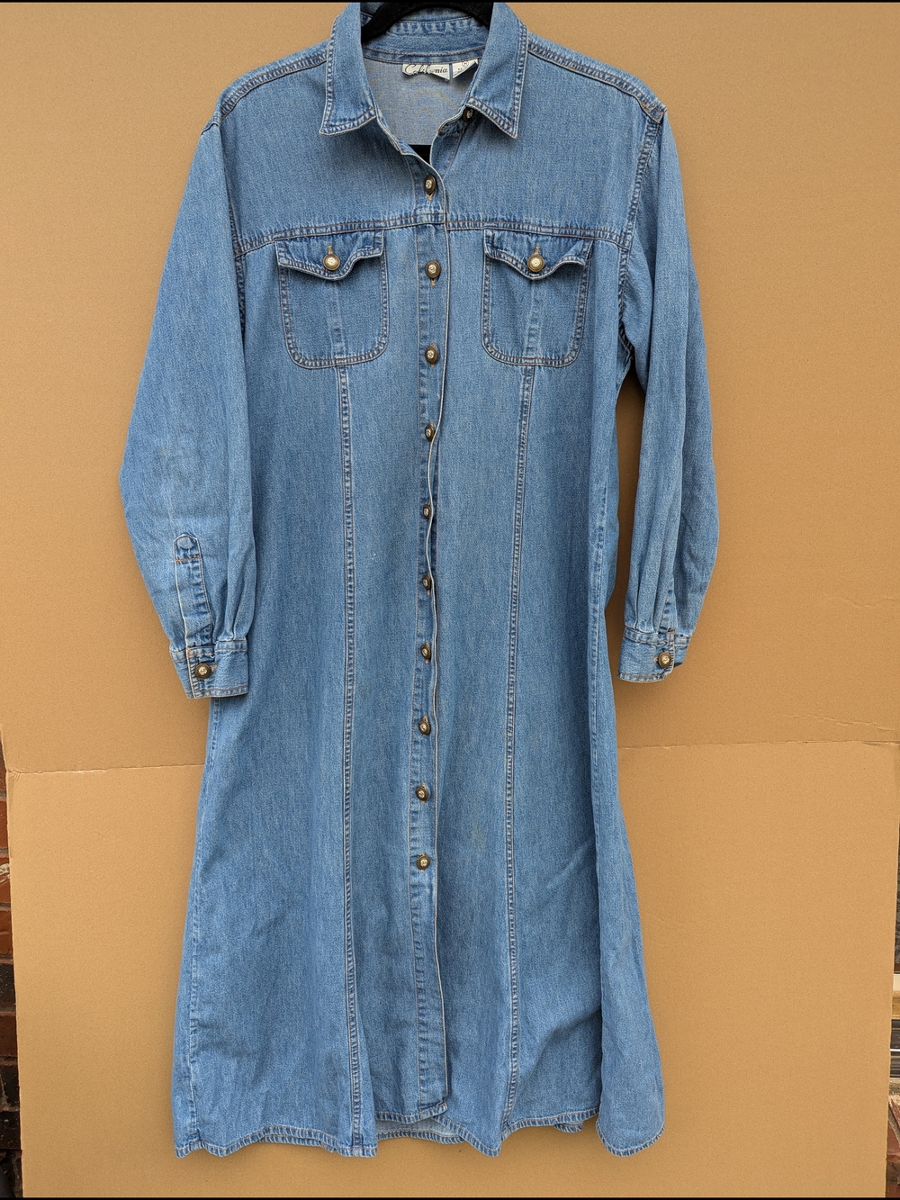 VTG California Dreams Denim Maxi Shirt Dress Medium Button Up Long Sleeve Boho